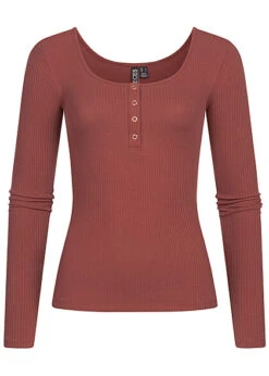 Pieces Damen NOOS Ribbed Longsleeve 4 Druckknöpfe Apple Butter Rot Braun