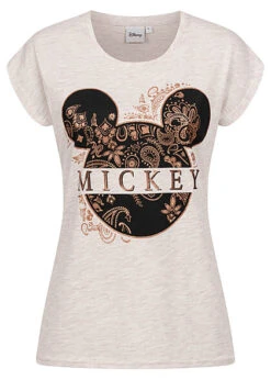 Seventyseven Lifestyle Damen Disney T-Shirt Mickey Mouse Print Beige Melange Schwarz