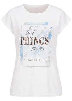 Seventyseven Lifestyle Damen Pailletten T-Shirt Good THINGS Glitzer Print Weiss Blau