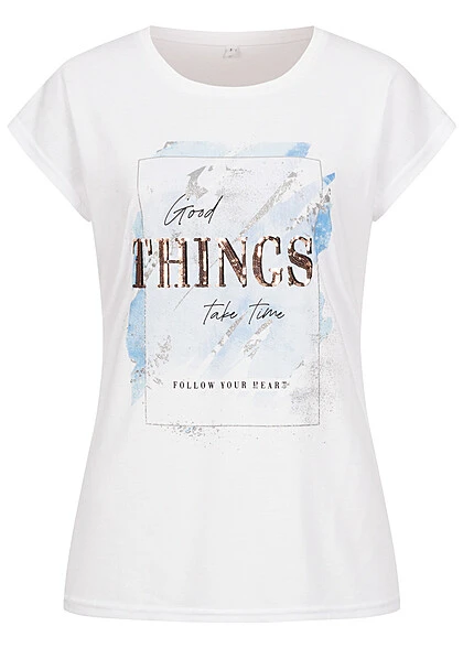 Seventyseven Lifestyle Damen Pailletten T-Shirt Good THINGS Glitzer Print Weiss Blau