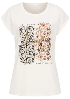 Seventyseven Lifestyle Damen Pailletten T-Shirt AMAZING Mit Leo Glitzer Print Off Weiss