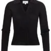 ONLY Damen V-Neck Rippstrick Polo Pullover Mit Kurzem Schnitt Schwarz