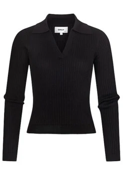 ONLY Damen V-Neck Rippstrick Polo Pullover Mit Kurzem Schnitt Schwarz