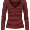 VILA Damen NOOS V-Neck Top Langarm Mit Knopfleiste Gestreift Rot Schwarz -ModeWelt Verkäufe 22070115