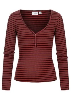 VILA Damen NOOS V-Neck Top Langarm Mit Knopfleiste Gestreift Rot Schwarz