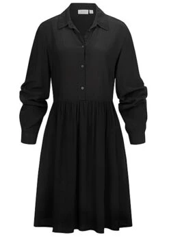 VILA Damen NOOS Langarm Kleid Mit Knopfleiste Und Kragen Schwarz