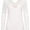 Pieces Damen NOOS Ribbed V-Neck Longsleeve Pullover Mit Spitze Weiss