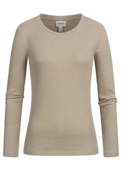 Aware By Vero Moda Damen NOOS Ribbed Longsleeve Laurel Oak Grau Braun
