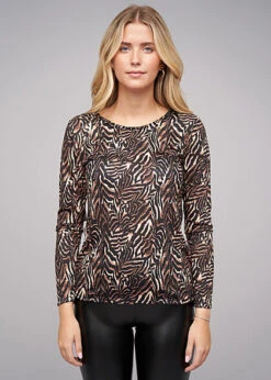 Cloud5ive Damen Langarm Shirt Longsleeve Mit Animal Print Schwarz Beige