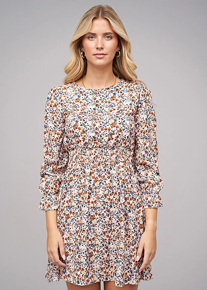 Cloud5ive Damen Langarm Kleid Mit Blumen Print Beige Mehrfarbig 3 Cloud5ive Damen Langarm Kleid Mit Blumen Print Beige Mehrfarbig