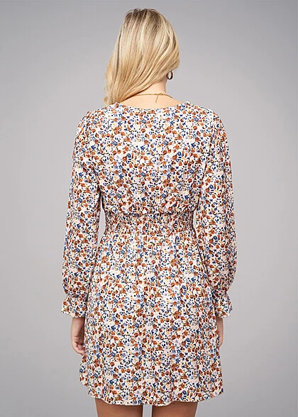 Cloud5ive Damen Langarm Kleid Mit Blumen Print Beige Mehrfarbig 4 Cloud5ive Damen Langarm Kleid Mit Blumen Print Beige Mehrfarbig – Bild 2