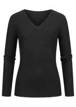 Cloud5ive Damen Langarm Shirt Longsleeve Mit Lurexeinsatz Und V-Neck Schwarz
