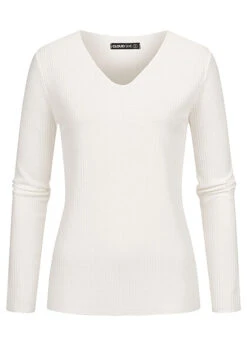 Cloud5ive Damen Langarm Shirt Longsleeve Mit Lurexeinsatz Und V-Neck Panna Cream Weiss