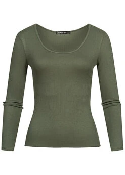 Cloud5ive Damen Langarm Shirt Strukturstoff M. Wellen Am Saum Military Grün