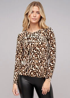 Cloud5ive Damen Langarm Samt Shirt Longsleeve Mit Animal Print Beige Braun