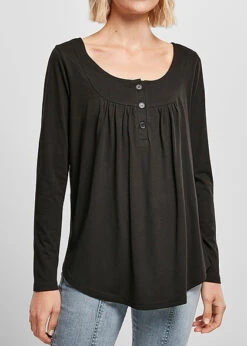 Urban Classics Damen Viskose Longsleeve Mit Knopfleiste Schwarz