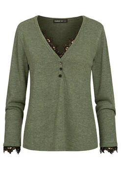 Cloud5ive Damen Longsleeve Sweater Mit Spitzeneinsatz Und Knopfleiste Grün Schwarz