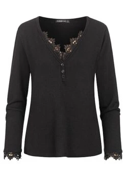 Cloud5ive Damen Longsleeve Sweater Mit Spitzeneinsatz Und Knopfleiste Schwarz