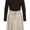 Cloud5ive Damen Langarm-Kleid Mit Bindegürtel Strukturstoff Schwarz Beige -ModeWelt Verkäufe 22126604