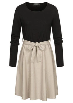 Cloud5ive Damen Langarm-Kleid Mit Bindegürtel Strukturstoff Schwarz Beige
