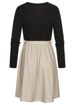 Cloud5ive Damen Langarm-Kleid Mit Bindegürtel Strukturstoff Schwarz Beige -ModeWelt Verkäufe 22126604 2