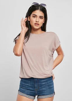 Urban Classics Damen Basic T-Shirt Mit Umgeschlagenen Ärmeln Duskrose Hell Rosa