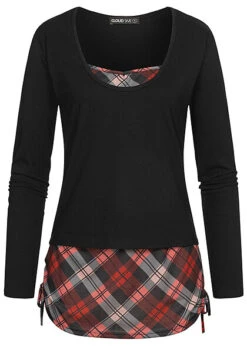 Cloud5ive Damen 2in1 Langarm Top Longsleeve Mit Karomuster Und Seitl. Gerafft Schwarz