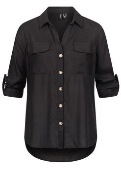 Vero Moda Damen NOOS Viskose Bluse Mit Turn-Up Ärmeln Und Knopfleiste Schwarz