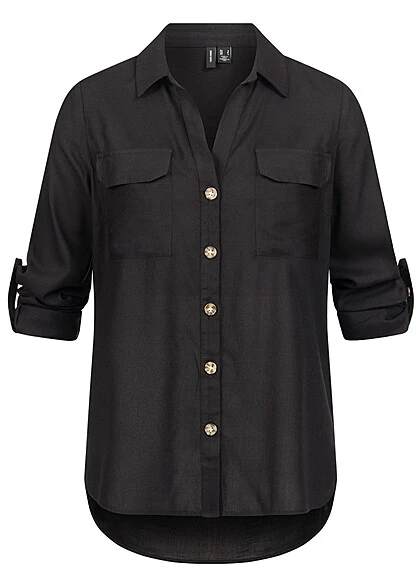 Vero Moda Damen NOOS Viskose Bluse Mit Turn-Up Ärmeln Und Knopfleiste Schwarz 3 Vero Moda Damen NOOS Viskose Bluse Mit Turn-Up Ärmeln Und Knopfleiste Schwarz
