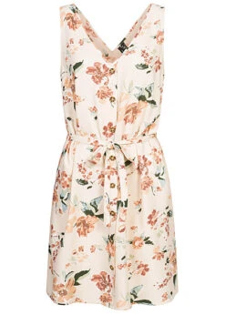 Vero Moda Damen NOOS Viskose Kleid M. V-Neck U. Bindedetail Blumenprint Birch Beige