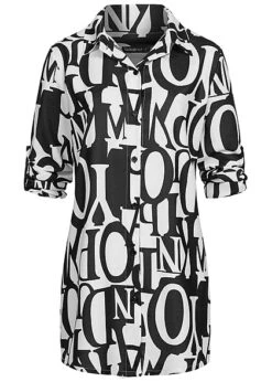 Cloud5ive Damen Longform Turn-Up Bluse Mit Knopfleiste Buchstaben Print Weiss Schwarz