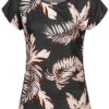Cloud5ive Damen Rundhals Top T-Shirt Mit Blätter Print Schwarz Beige -ModeWelt Verkäufe 23026646
