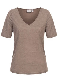 VILA Damen NOOS Basic T-Shirt Mit V-Neck Walnut Braun Melange