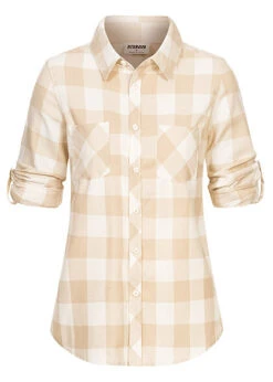 Urban Classics Damen Bluse Turn Up Hemd Karo Muster Whitesand Lighttaupe Weiss