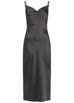 Aiki Damen Longform Kleid In Satin-Optik Mit Seitlichen Schlitzen Schwarz