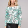 Cloud5ive Damen Longsleeve Langarm Top Mit Blätter Print Lago Grün