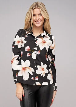Cloud5ive Damen Langarm-Bluse Mit Knopfleiste U. Blumenprint Schwarz