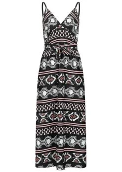 Cloud5ive Damen Longform Kleid Mit Bindegürtel Ornament Print Schwarz