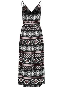 Cloud5ive Damen Longform Kleid Mit Bindegürtel Ornament Print Schwarz -ModeWelt Verkäufe 23036807 2