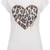 Cloud5ive Damen T-Shirt Mit Leo Print Herz Mit Glitzer Details Weiss