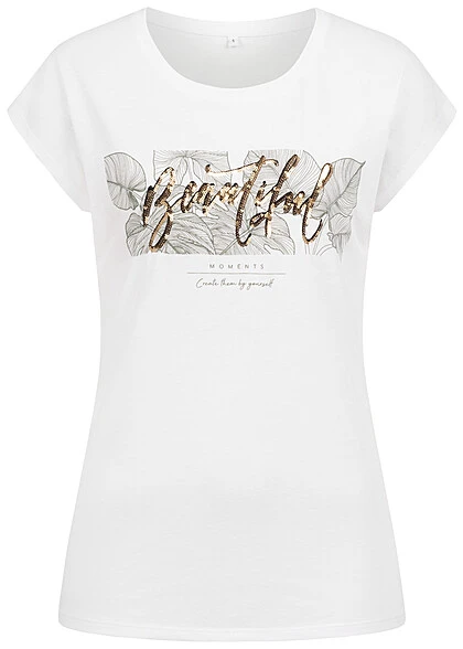 Cloud5ive Damen T-Shirt Mit Beautiful Blätter Print Weiss Gold 3 Cloud5ive Damen T-Shirt Mit Beautiful Blätter Print Weiss Gold