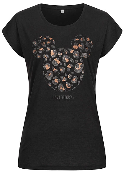 Cloud5ive Damen T-Shirt Mit Disney Mickey Mouse Leo Print Schwarz