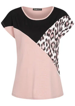 Cloud5ive Damen Zick Zack T-Shirt Mit Leo Print Rosa Schwarz