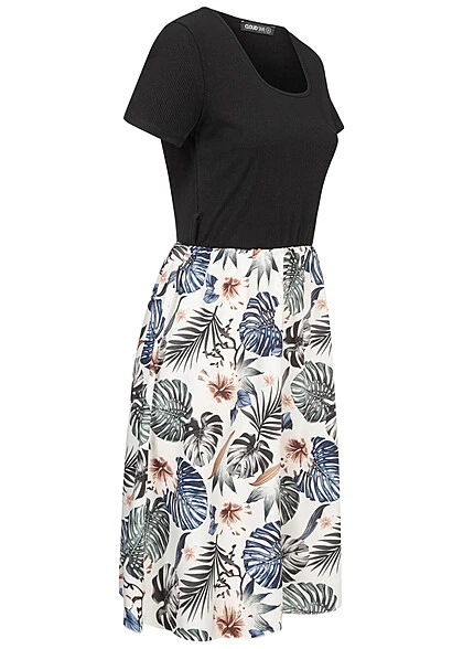 Cloud5ive Damen T-Shirt-Kleid 2-Tone Mit Gürtelschlaufen Botanical Print Schwarz Beige 4 Cloud5ive Damen T-Shirt-Kleid 2-Tone Mit Gürtelschlaufen Botanical Print Schwarz Beige – Bild 2