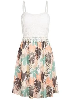 Cloud5ive Damen Spitzenkleid Mit Floral Print Mit Verst. Weiss Grün Peach