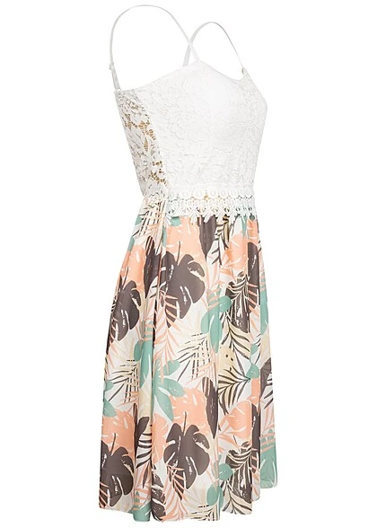 Cloud5ive Damen Spitzenkleid Mit Floral Print Mit Verst. Weiss Grün Peach 4 Cloud5ive Damen Spitzenkleid Mit Floral Print Mit Verst. Weiss Grün Peach – Bild 2