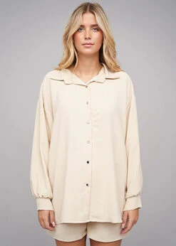 Cloud5ive Damen Musselin Bluse Hemd Mit Knopfleiste Beige