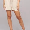 Cloud5ive Damen Musselin High Waist Shorts Mit Bindedetail Beige