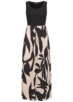Cloud5ive Damen Maxi 2-Tone Kleid Mit Floral Print Schwarz Beige