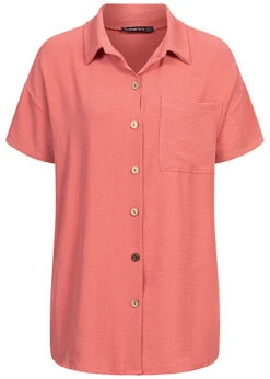 Cloud5ive Damen Musselin Kurzarm Hemd Mit Knopfleiste Und Brusttasche Rose Braun